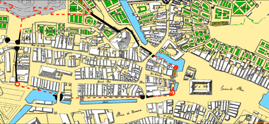 Ville-close d'après le plan de 1782. En rouge, la muraille disparue depuis 1678